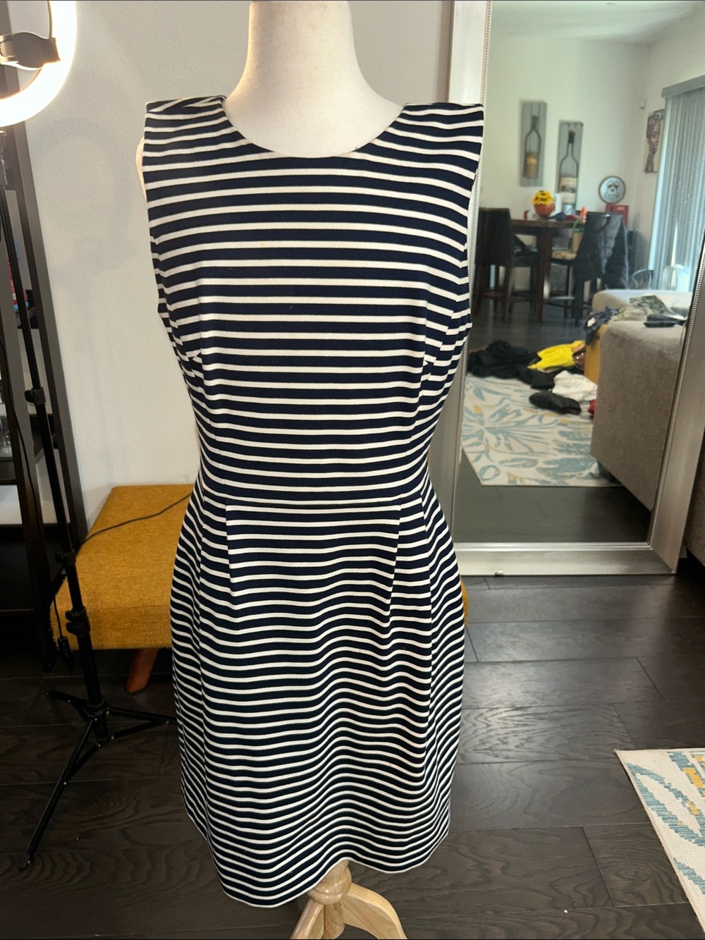 kate spade Black and White Striped Sleeveless Fit-and-Flare Dress